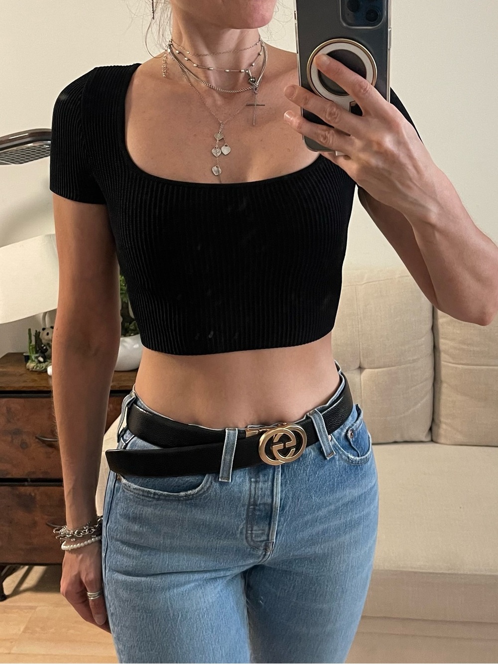 Babaton Aritzia Black Ribbed Square Neck Crop Top – Size XS